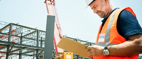 Construction Worker wearing hard hat and reviewing documentation on site