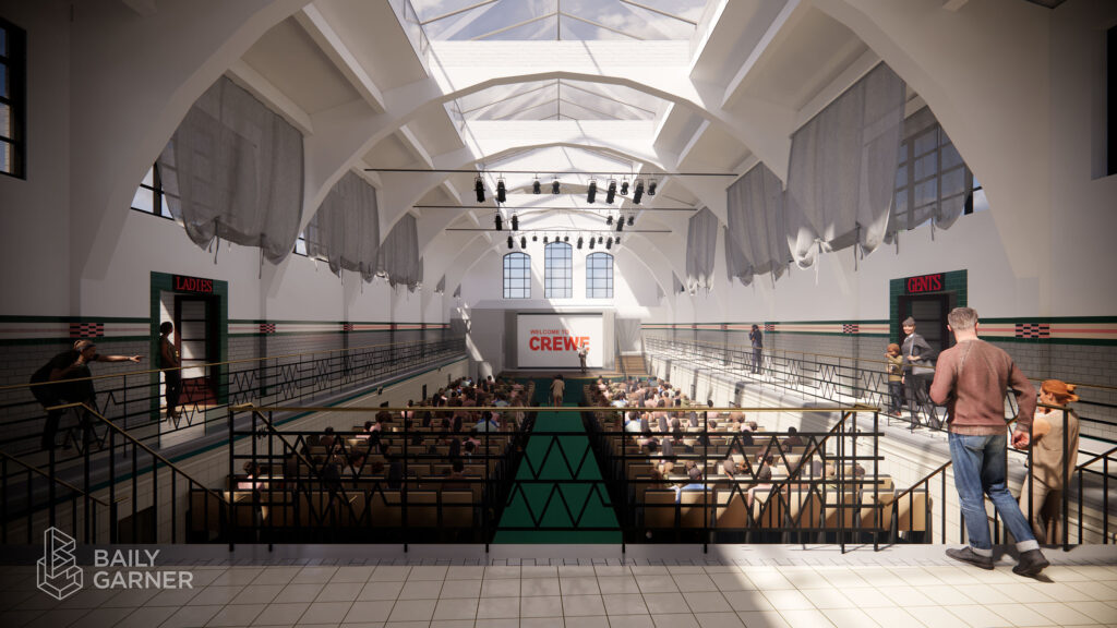 Interior design of Flag Lane Baths showing reimagined main hall as a public venue