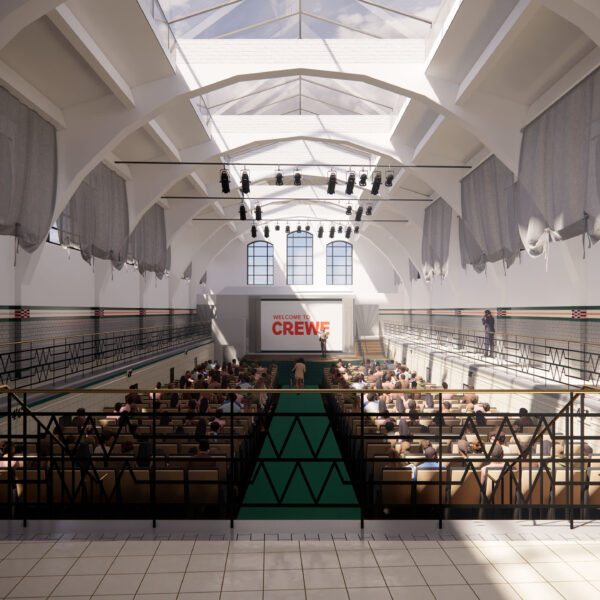 Interior design of Flag Lane Baths showing reimagined main hall as a public venue