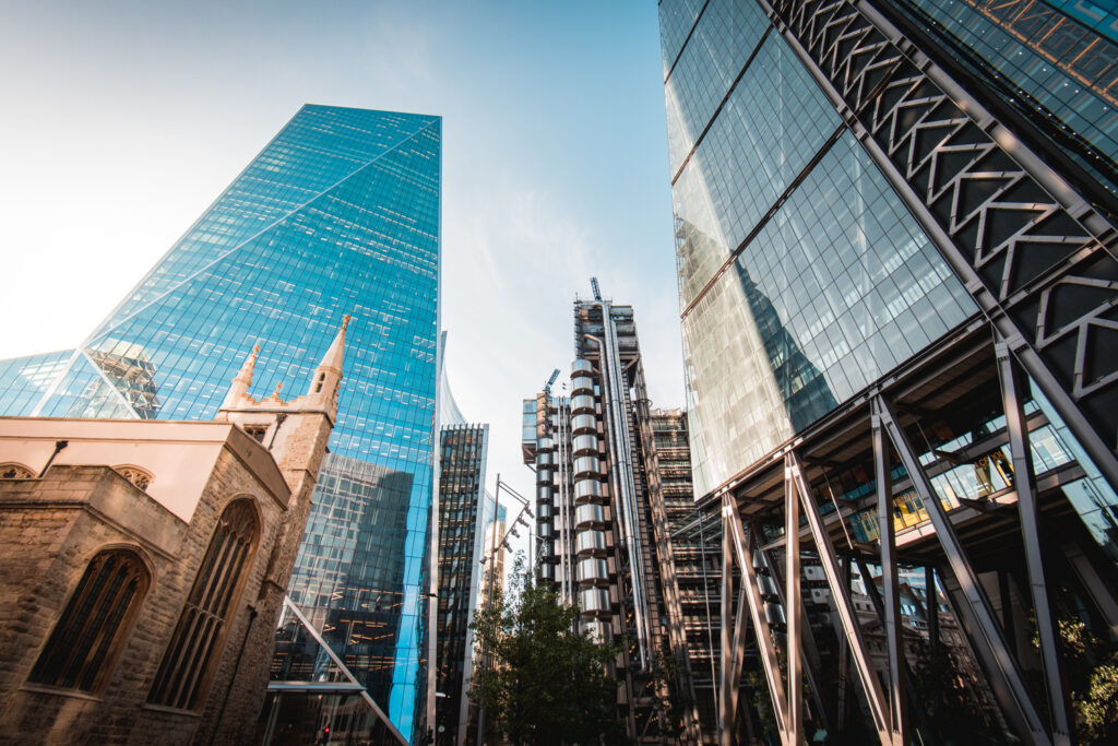 From left to right - St Andrew Undershaft Church, The Scalpel, Lloyd's of London, Leadenhall Building