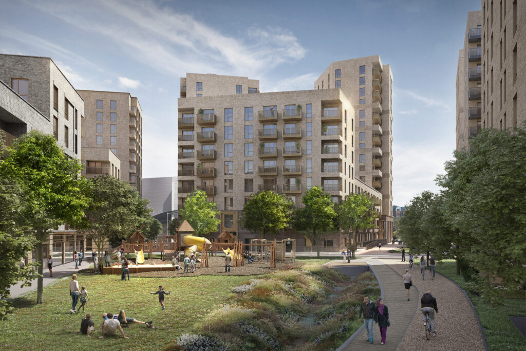 Visual of completed Waterloo Road housing with play park and landscaped paths