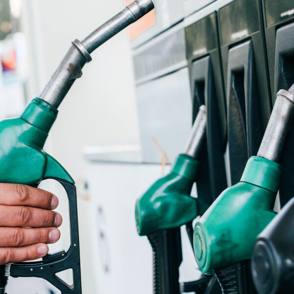 Person holding green fuel nozzle at a petrol station pump.