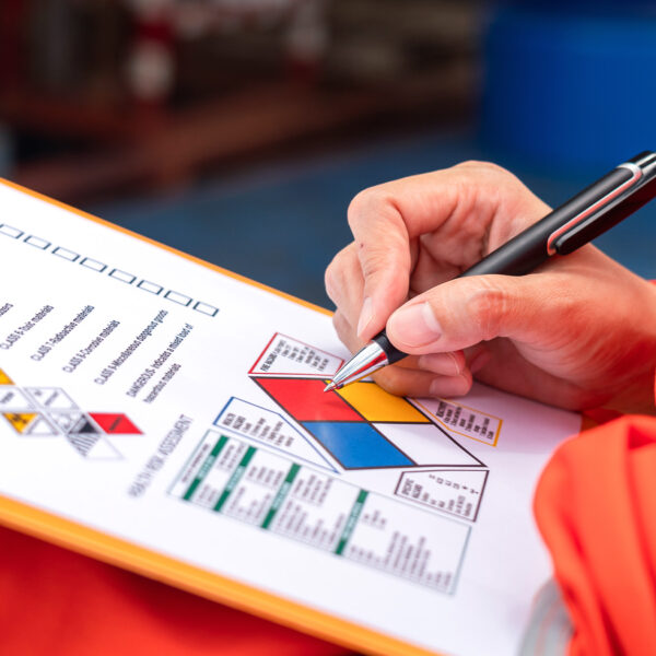 Person filling out a hazardous chemical checklist showing colour-coded hazard categories on a clipboard.