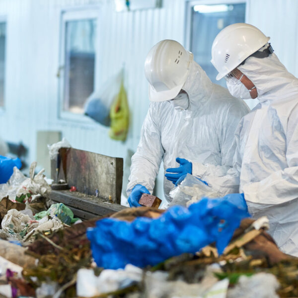 Two workers wearing protective suits and helmets inspecting waste materials on a conveyor in an industrial facility.