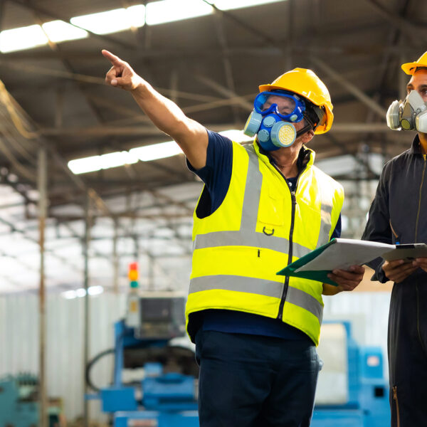 Two workers wearing protective masks and safety helmets conducting a site inspection in an industrial facility.