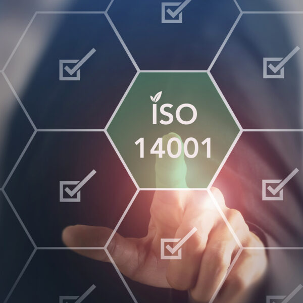 Person touching a digital screen displaying the text “ISO 14001” with check-mark icons.
