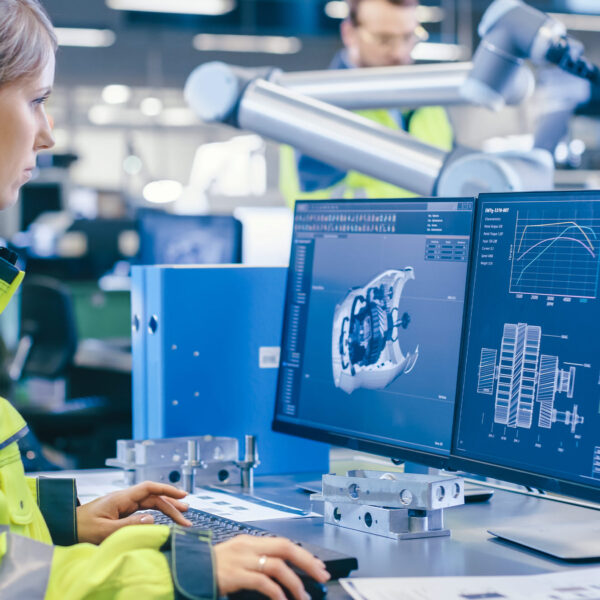 Engineer using computer-aided design software on a dual-monitor setup in an industrial setting.