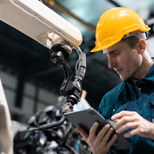 Engineer in a hard hat inspecting a robotic arm while using a tablet.