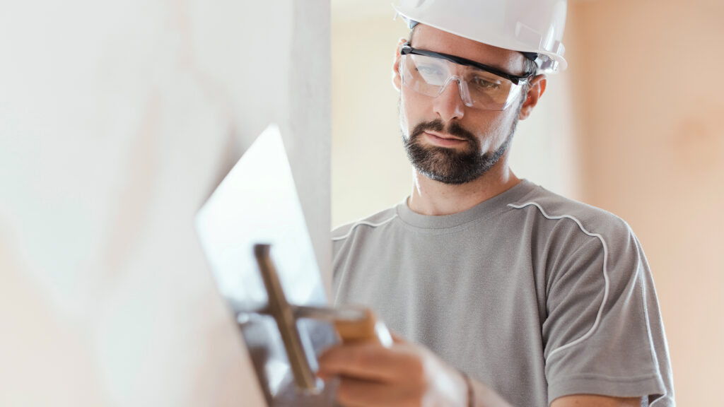 Tradesperson applying plaster on site while completing NVQ assessment
